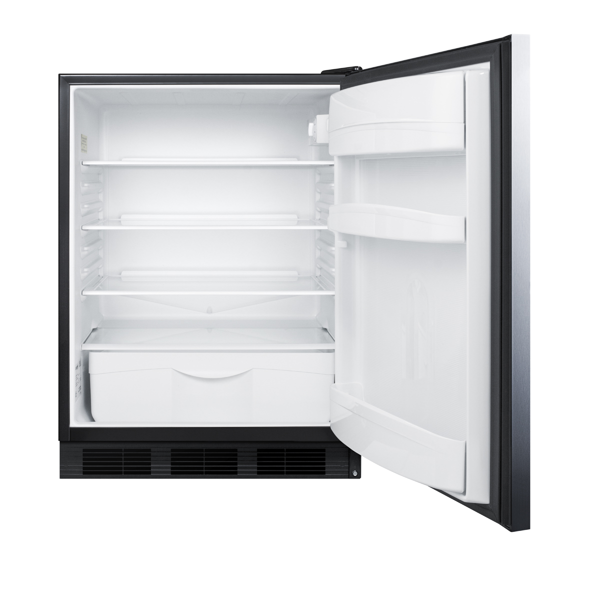 Built-in undercounter all-refrigerator for general purpose use w/automatic defrost, stainless steel wrapped door, horizontal handle, and black cabinet
